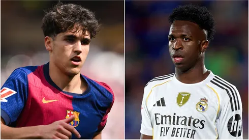 Pau Cubarsí (L) of FC Barcelona and Vinicius Junior (R) of Real Madrid.