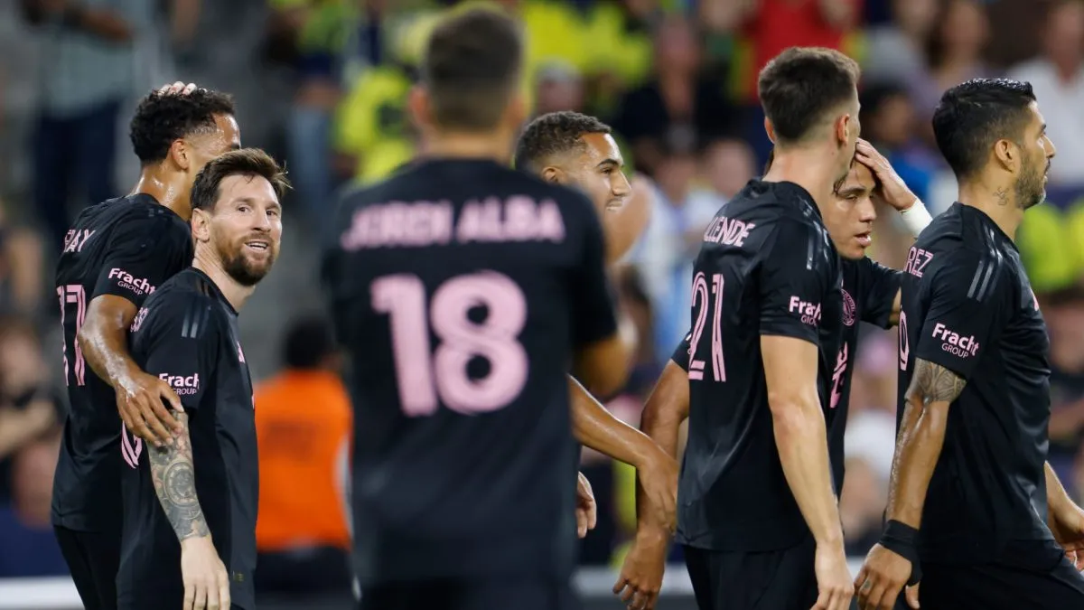 Lionel Messi celebrating a goal with Inter Miami players