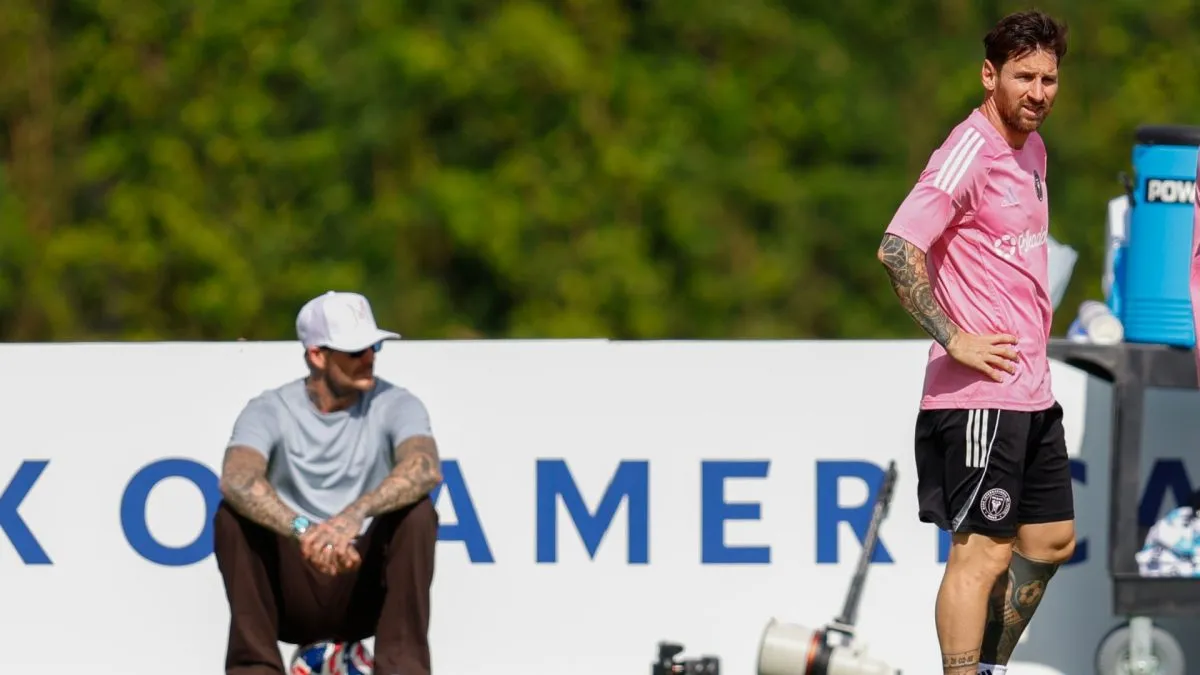 Co- Owner David Beckham of Inter Miami CF looks on as Lionel Messi trains.