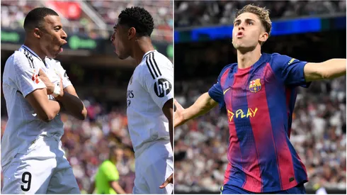 Kylian Mbappe and Jude Bellingham of Real Madrid with Fermin Lopez of Barcelona.