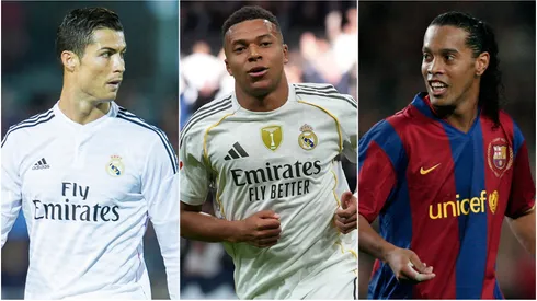 Cristiano Ronaldo (L) and Kylian Mbappe (M) of Real Madrid, and Ronaldinho (R) of Barcelona.