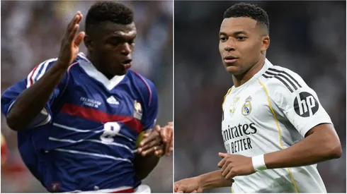 Marcel Desailly of France during the 1998 World Cup and Kylian Mbappe of Real Madrid.