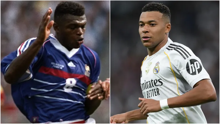 Marcel Desailly of France during the 1998 World Cup and Kylian Mbappe of Real Madrid.
