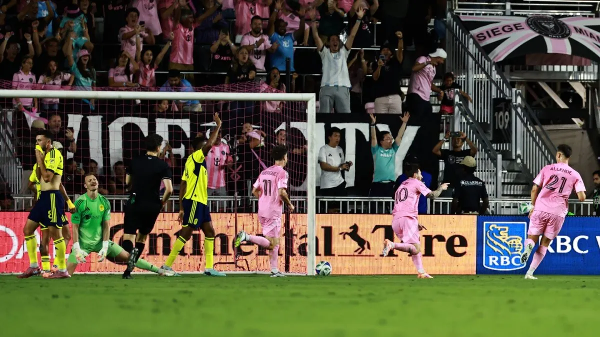 Lionel Messi #10 of Inter Miami CF celebrates after scoring against Nashville SC.