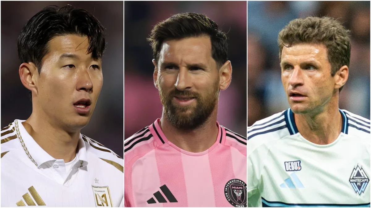 Heung Min Son (L) of the Los Angeles Football Club, Lionel Messi (M) #10 of Inter Miami CF, and Thomas Muller (R) #13 of the Vancouver Whitecaps.
