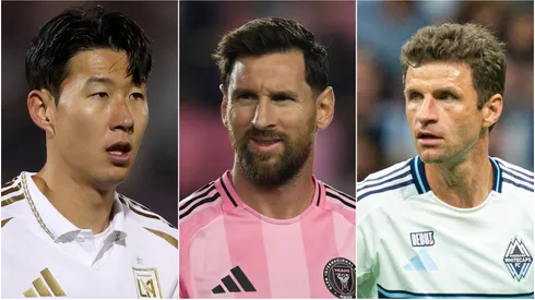 Heung Min Son (L) of the Los Angeles Football Club, Lionel Messi (M) #10 of Inter Miami CF, and Thomas Muller (R) #13 of the Vancouver Whitecaps.