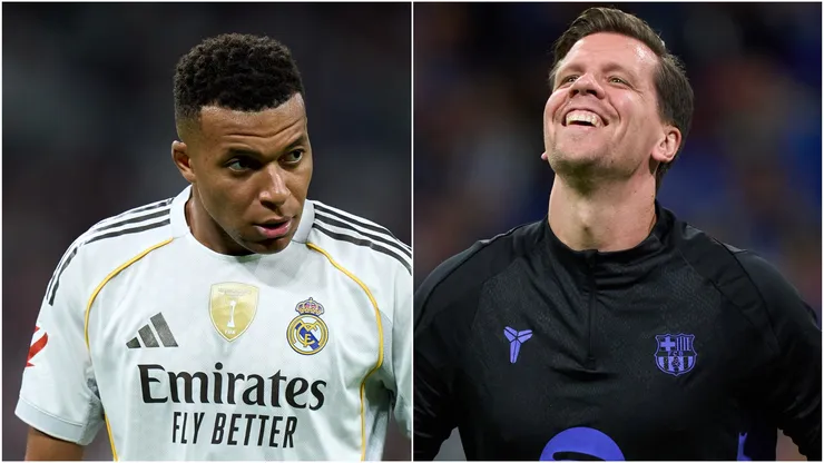 Kylian Mbappe of Real Madrid and Wojciech Szczesny of Barcelona.