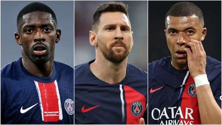 Ousmane Dembele (left), Lionel Messi (center), and Kylian Mbappe (right)