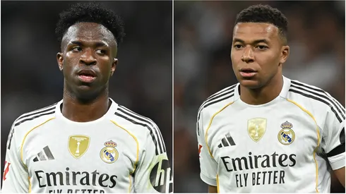 Vinicius Junior (L) and Kylian Mbappe (R) of Real Madrid.