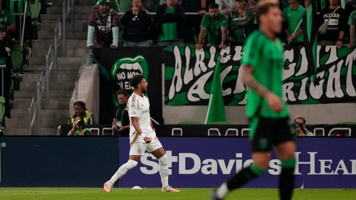 Denis Bouanga #99 of Los Angeles FC celebrates after scoring against Austin FC.
