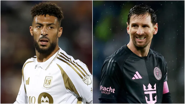 Denis Bouanga (L) #99 of the Los Angeles Football Club and Lionel Messi (R) #10 of Inter Miami CF.
