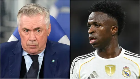 Head coach Carlo Ancelotti (L) of Brazil and Vinicius Junior (R) of Real Madrid.
