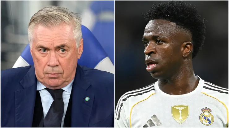 Head coach Carlo Ancelotti (L) of Brazil and Vinicius Junior (R) of Real Madrid.
