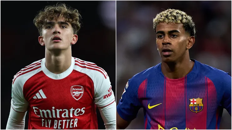 Max Dowman (R) of Arsenal and Lamine Yamal (R) of FC Barcelona.