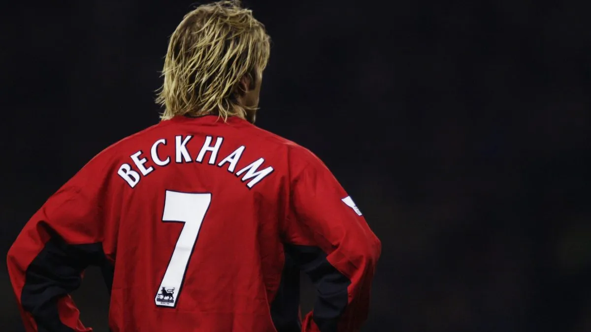 David Beckham wearing Manchester United’s iconic No. 7 jersey.