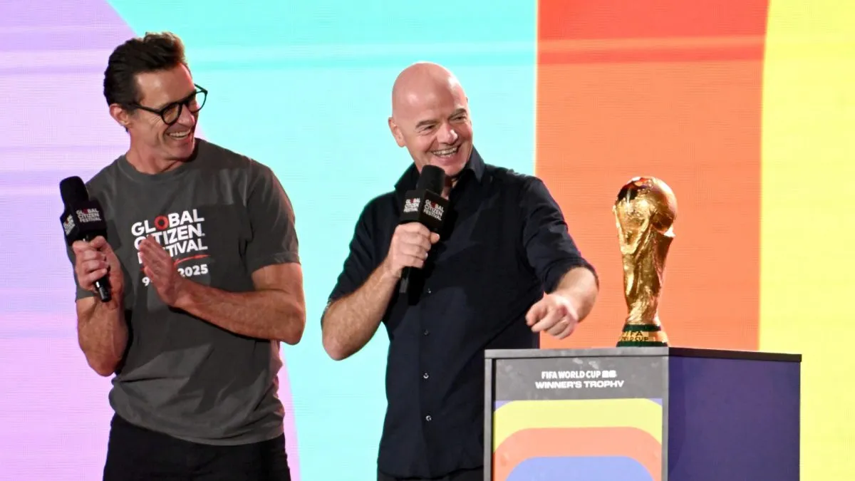(L-R) Hugh Jackman and Gianni Infantino speak onstage during the 2025 Global Citizen Festival.