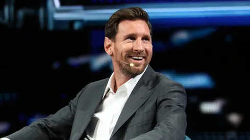 Lionel Messi speaks onstage during day 1 of the America Business Forum.