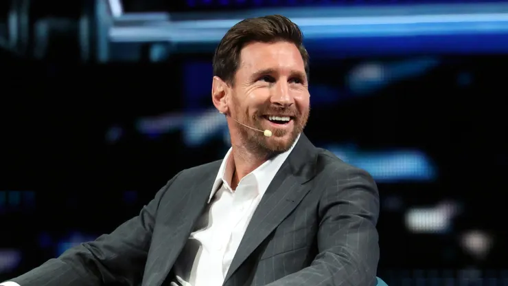 Lionel Messi speaks onstage during day 1 of the America Business Forum.