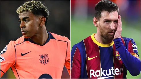 Lamine Yamal of FC Barcelona and Lionel Messi.