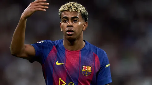 Lamine Yamal of FC Barcelona gestures during the LaLiga EA Sports match.