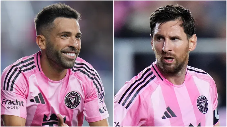 Jordi Alba (L) #18 and Lionel Messi (R) #10 of Inter Miami CF.