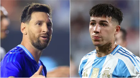 Lionel Messi (L) #10 and Enzo Fernández (R) #24 of Argentina.