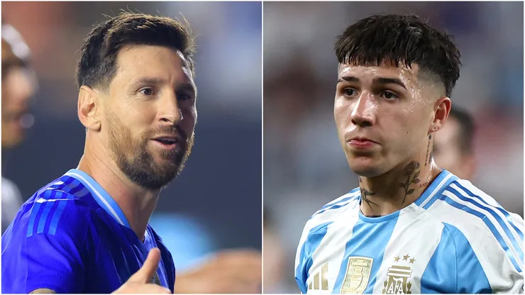 Lionel Messi (L) #10 and Enzo Fernández (R) #24 of Argentina.