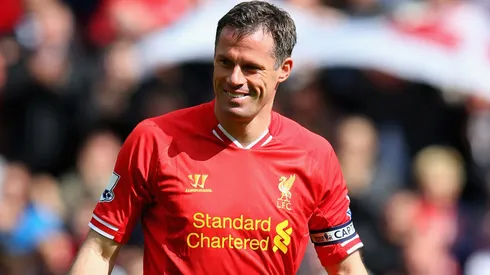 Jamie Carragher of Liverpool smiles prior to his final match for the team.