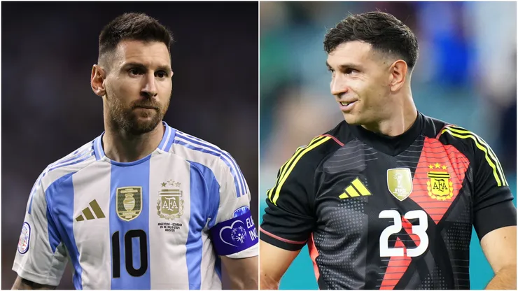 Lionel Messi (L) and Emiliano Martinez (R) of Argentina.
