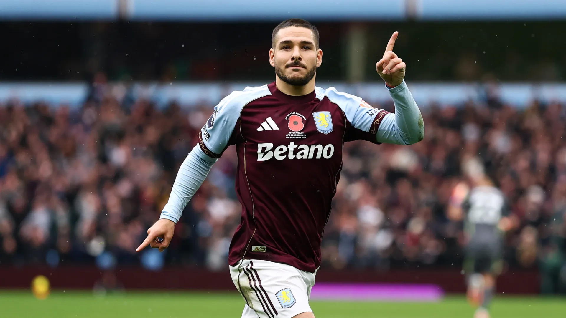 Emiliano Buendia of Aston Villa celebrates after scoring against Bournemouth.