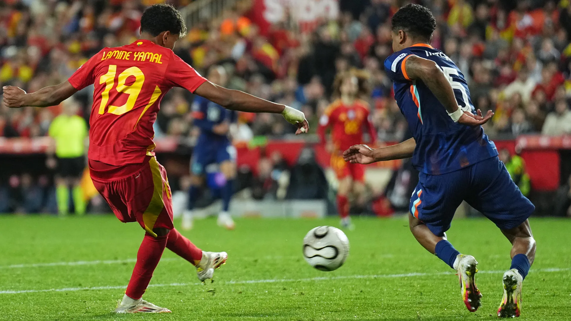 Lamine Yamal scoring a goal for Spain
