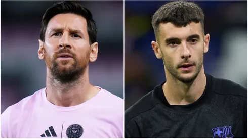 Lionel Messi #10 of Inter Miami CF and Joan Garcia of FC Barcelona.