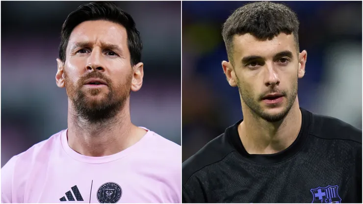 Lionel Messi #10 of Inter Miami CF and Joan Garcia of FC Barcelona.