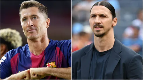 Robert Lewandowski of FC Barcelona and Zlatan Ibrahimovic, AC Milan sports advisor.