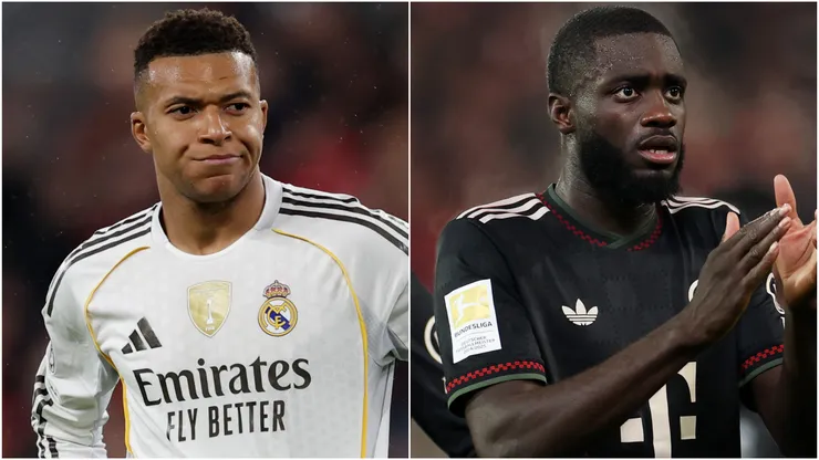 Kylian Mbappe of Real Madrid and Dayot Upamecano of Bayern Munich.