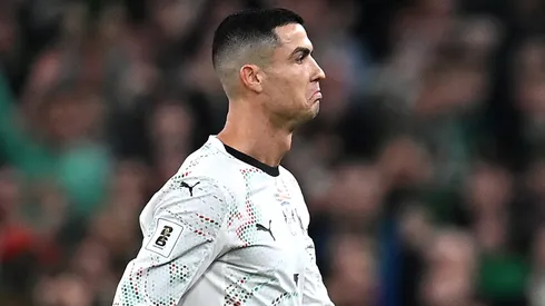 Cristiano Ronaldo of Portugal reacts as he leaves the pitch after being shown a red card.