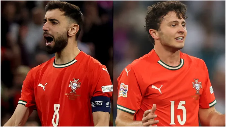 Portugal stars Bruno Fernandes and Joao Neves celebrating after scoring goals.