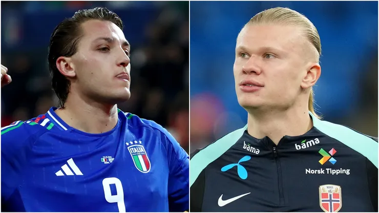 Mateo Retegui (L) of Italy and Erling Haaland (R) of Norway.