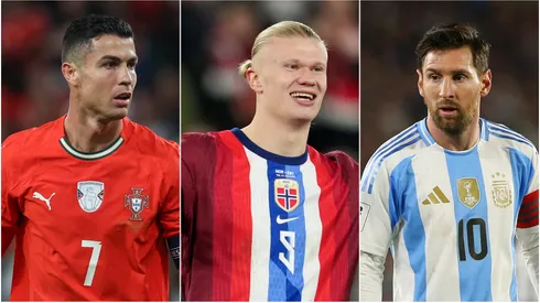Cristiano Ronaldo (L) of Portugal, Erling Haaland (M) of Norway, and Lionel Messi (R) of Argentina.