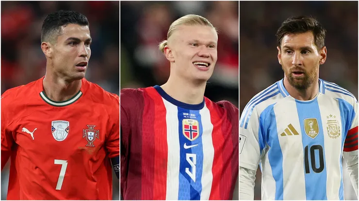 Cristiano Ronaldo (L) of Portugal, Erling Haaland (M) of Norway, and Lionel Messi (R) of Argentina.