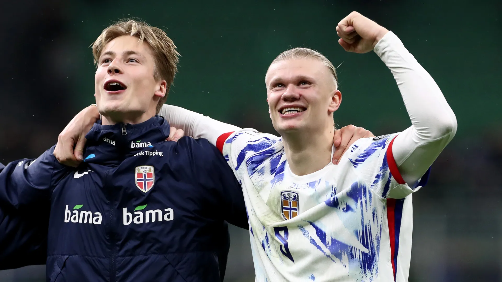 Erling Haaland of Norway celebrates victory over Italy.