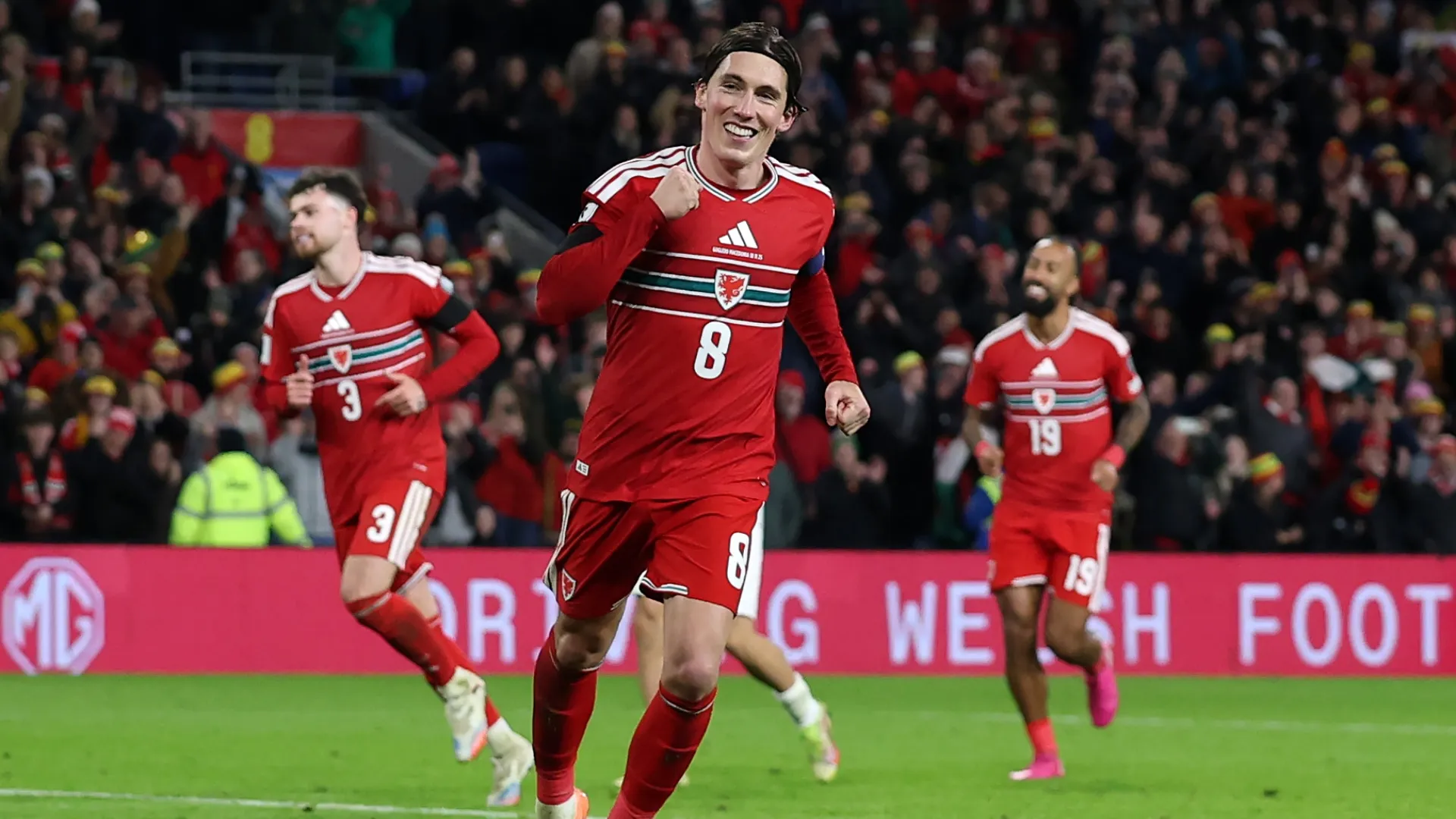 Harry Wilson of Wales celebrates scoring his team's sixth goal and his hat-trick against North Macedonia.