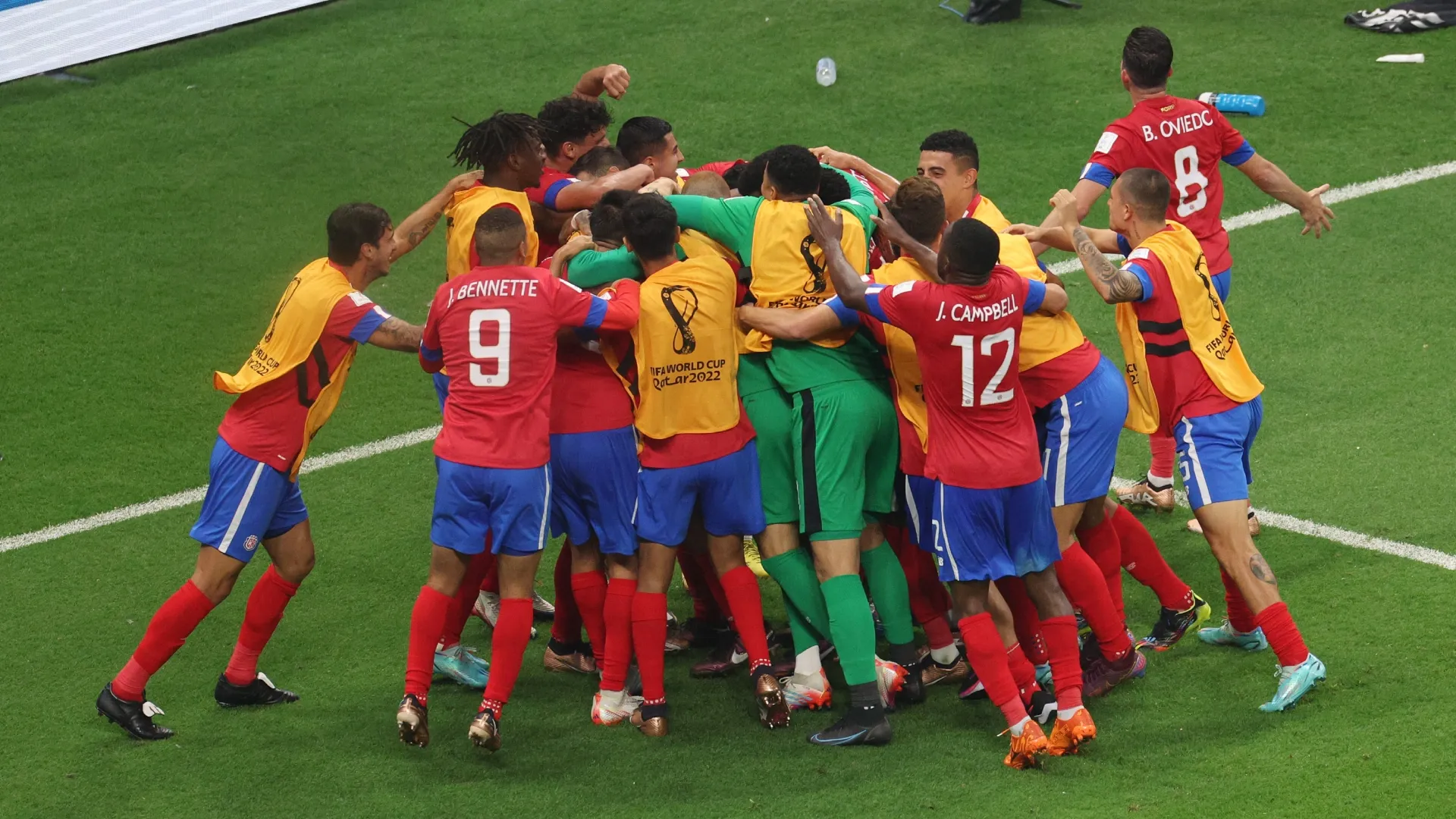 Yeltsin Tejeda of Costa Rica celebrates with teammates after scoring against Germany in FIFA World Cup Qatar 2022.