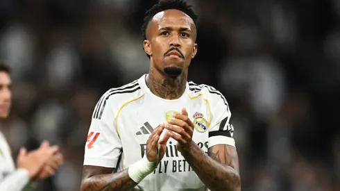 Eder Militao of Real Madrid applauds the fans after the team's victory in the LaLiga EA Sports.