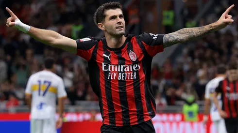 Christian Pulisic of AC Milan celebrates after scoring a goal.