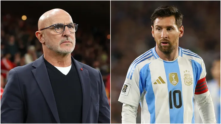 Luis De La Fuente (L), Head Coach of Spain, and Lionel Messi (R) of Argentina.