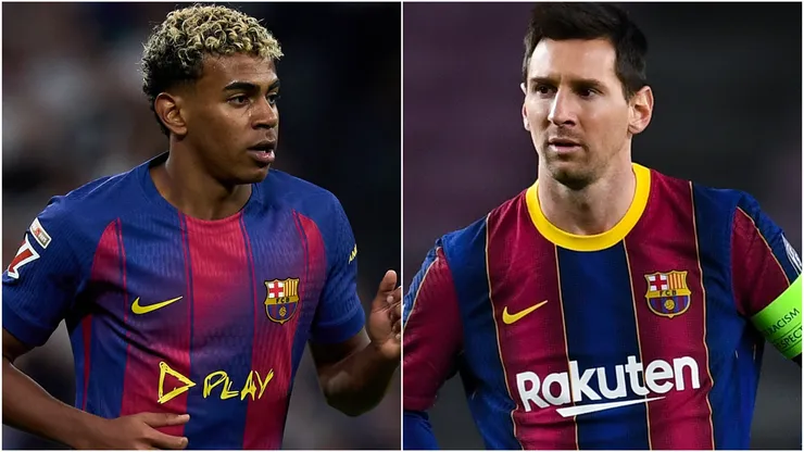 Lamine Yamal of FC Barcelona and Barcelona's legend Lionel Messi.

