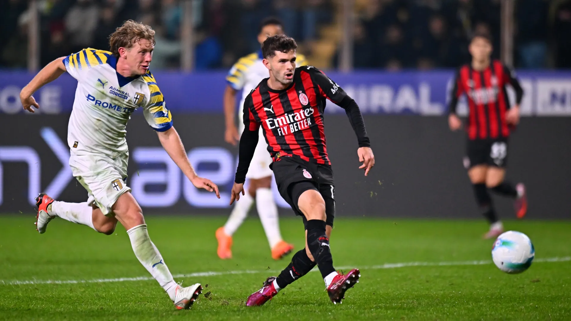 Christian Pulisic of AC Milan shoots at goal against Parma.