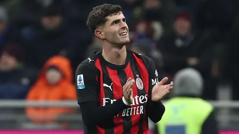 Christian Pulisic of AC Milan celebrates after scoring their team's first goal against FC Internazionale.