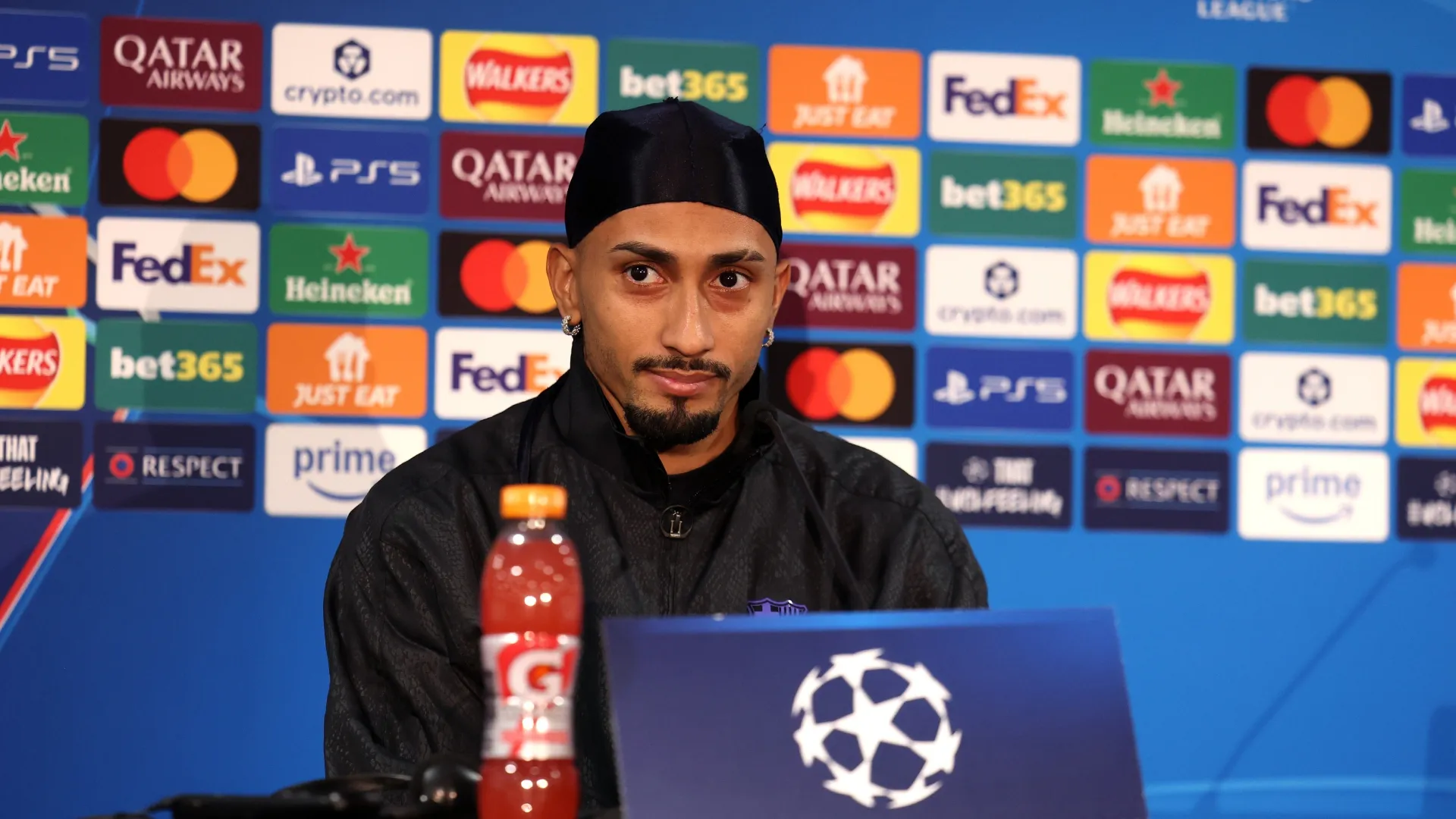 Raphinha of FC Barcelona in the pre match press conference.